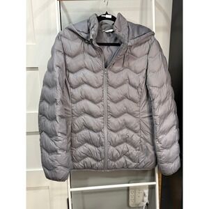 Time and‎ Tru Womens Grey Flannel Chevron Quilted Hooded Puffer Jacket Gorpcore